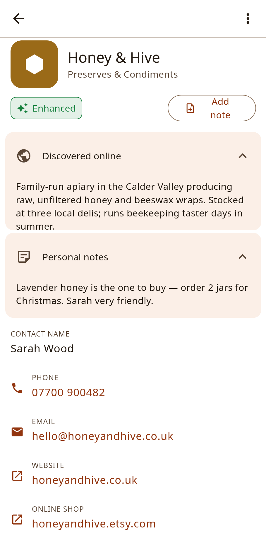 A saved vendor card in Gathered, showing the vendor's name, category, phone, email, website and your own notes.
