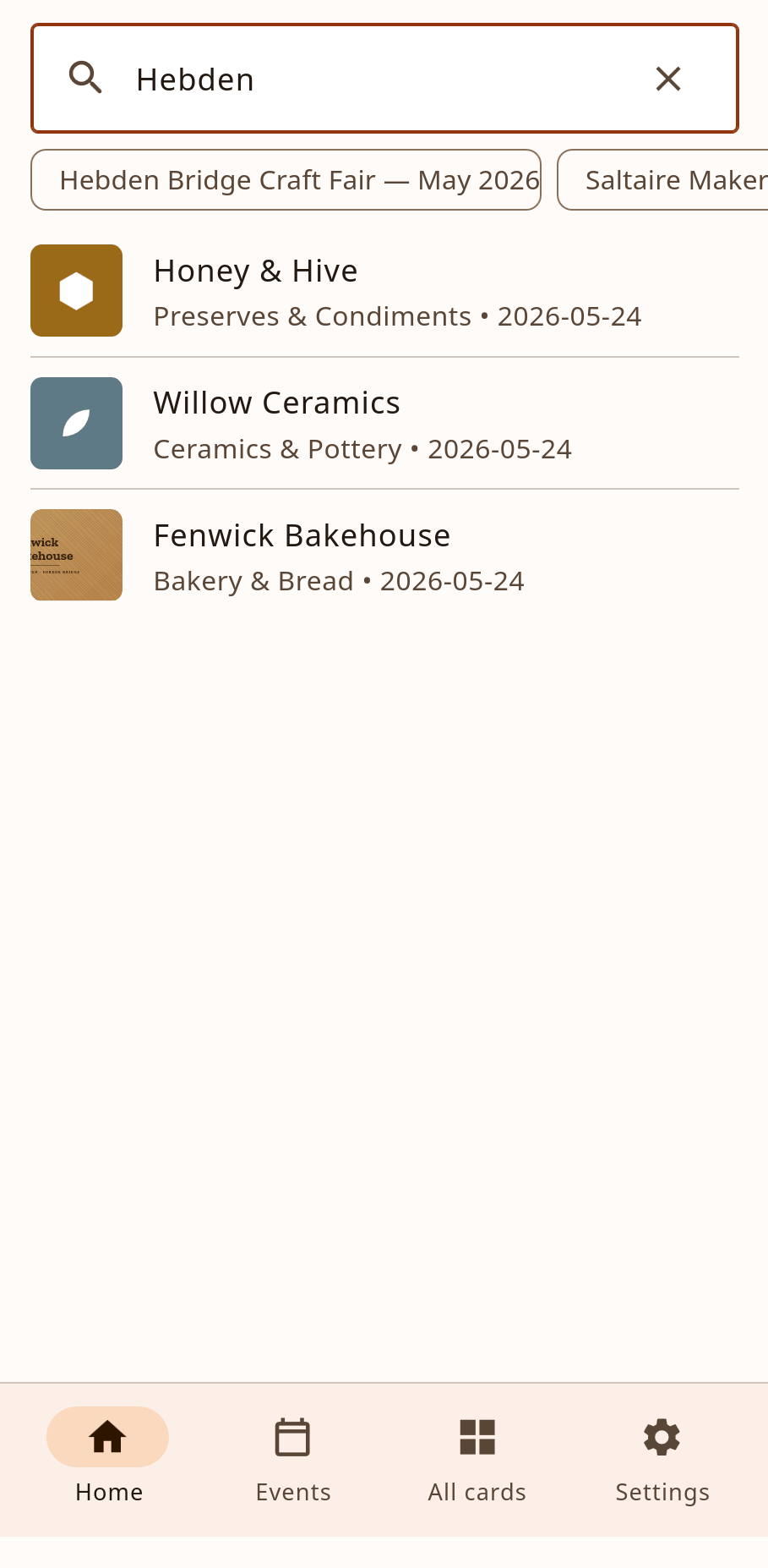 Searching Gathered for “Hebden”, with three matching makers listed.